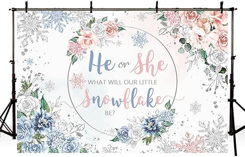 Miniatura 4 de Telón de fondo de revelación de género de copo de nieve de invierno de 7 x 5 pies con purpurina plateada para niño o niña, fondo floral rosa y azul