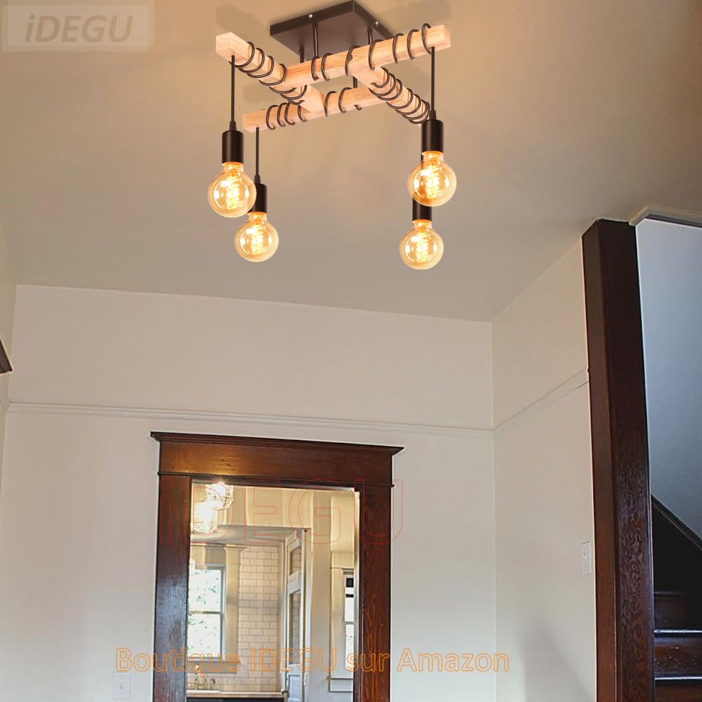 iDEGU żyrandol przemysłowy, 4 lampy wiszące, vintage, metal, drewno, E27, oświetlenie sufitowe, retro, czarny, regulowany żyrandol sufitowy, do salonu, jadalni, kuchni, (typ A, lampa sufitowa)