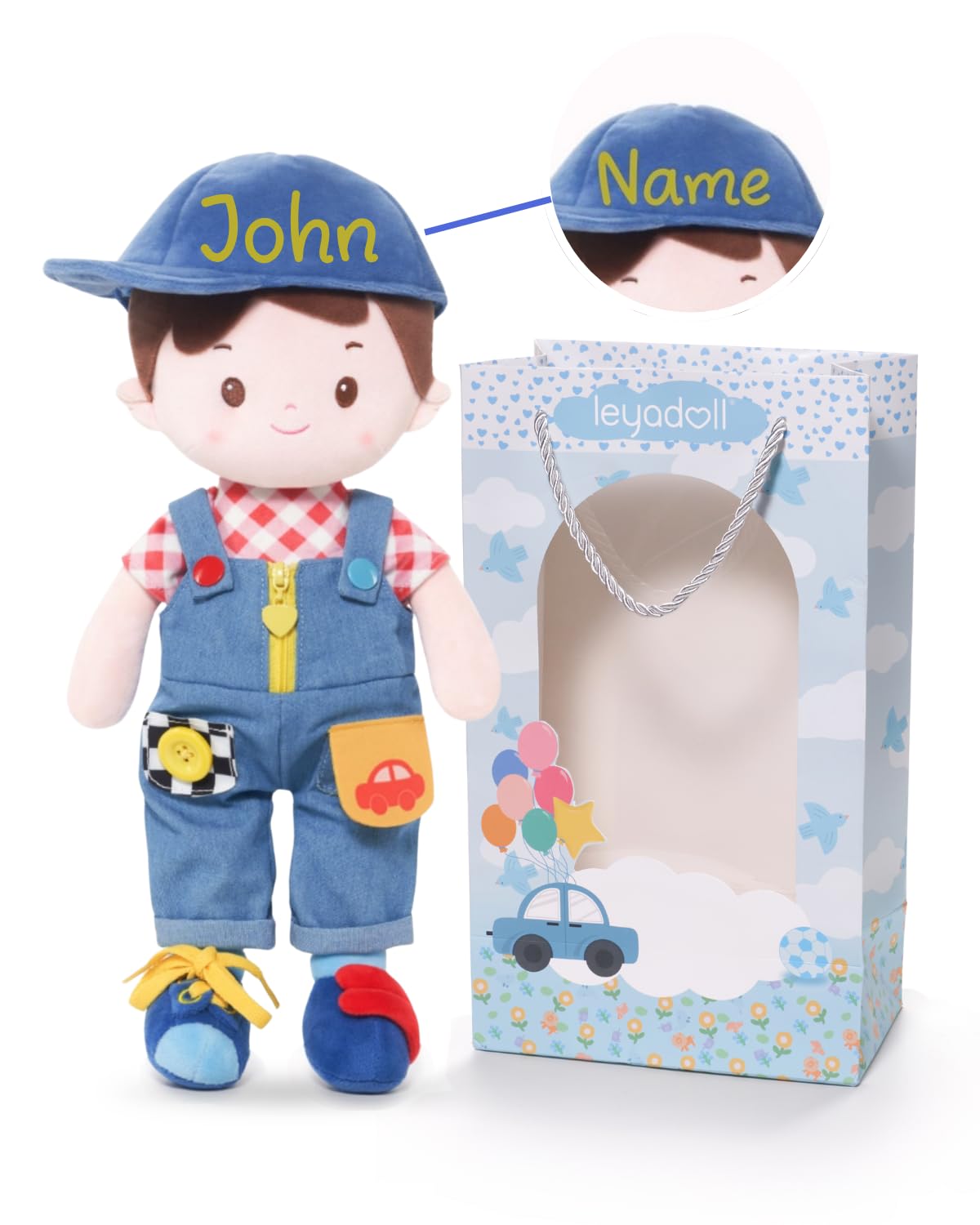 LeyaDoll Personalized Learning Sensory Soft Baby Doll, Montessori Toys for 2-Year-Old Boys Christmas, Birthday Gifts, Plush Doll with Zipper, Shoelace, Button-Overalls-Boy-Educational-Doll โ image 1