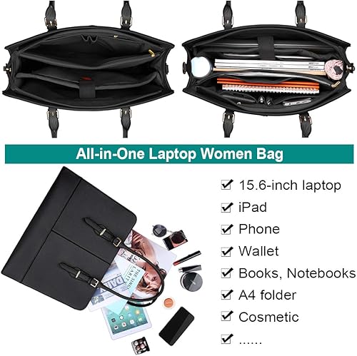 Miniatura 3 de Bolso de cuero para computador portátil de 156 pulgadas para mujer bolso de hombro cruzado para computador y negocios gran capacidad negro Beige,