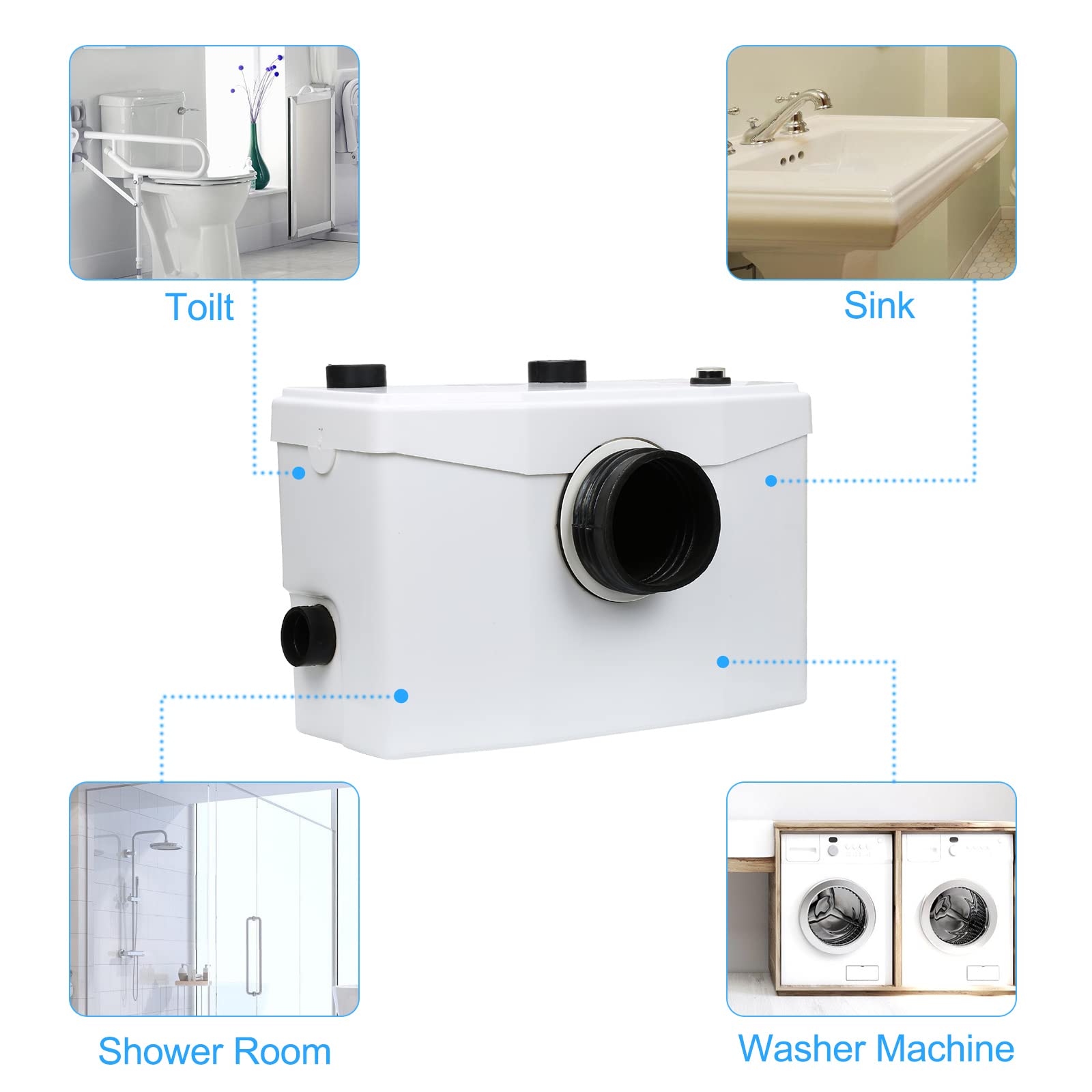 Fiqops Hebeanlage Waschmaschine, 700W 190 L/min Schmutzwasserpumpen, Fäkalienpumpe mit 4 Einlässe, Haushaltspumpe für Dusche Badewannen Waschbecken Waschmaschine Spülmaschinen