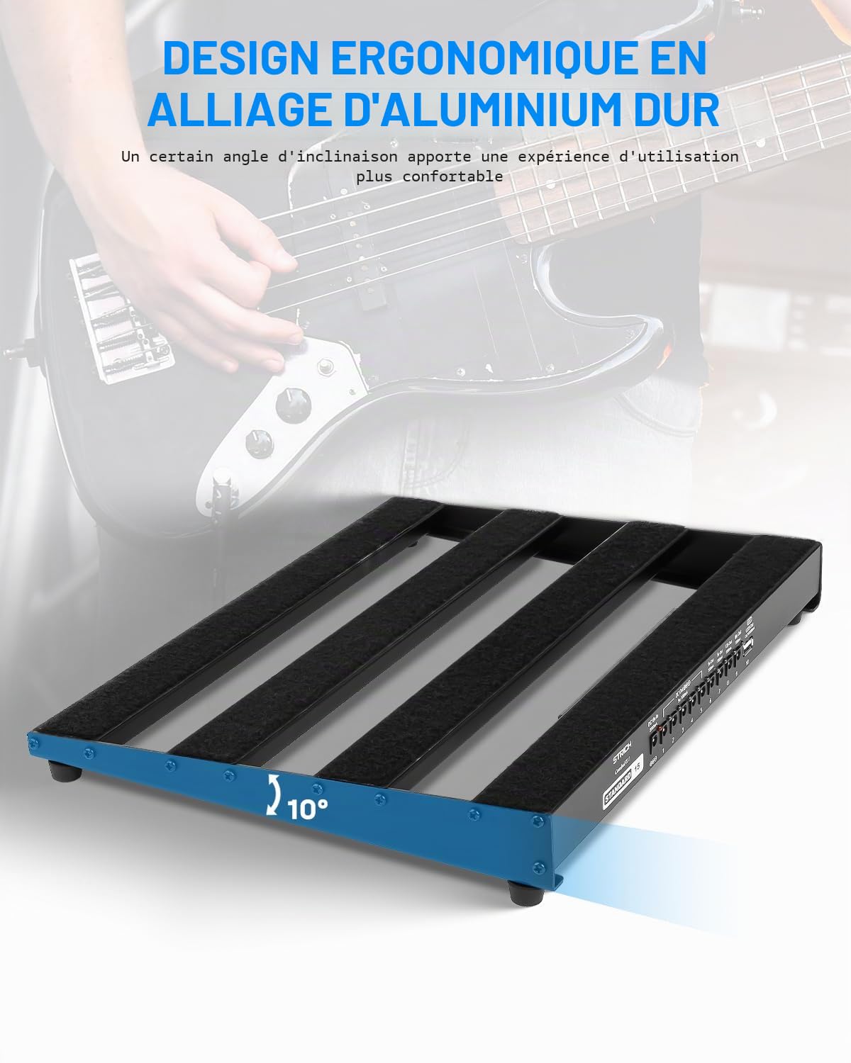 STRICH Pedalboard guitare avec alimentation intégrée – Léger et robuste – 38 x 28 cm – 985 g – Alliage d’aluminium léger – Housse incluse – Bandes auto-agrippantes – PB-S15