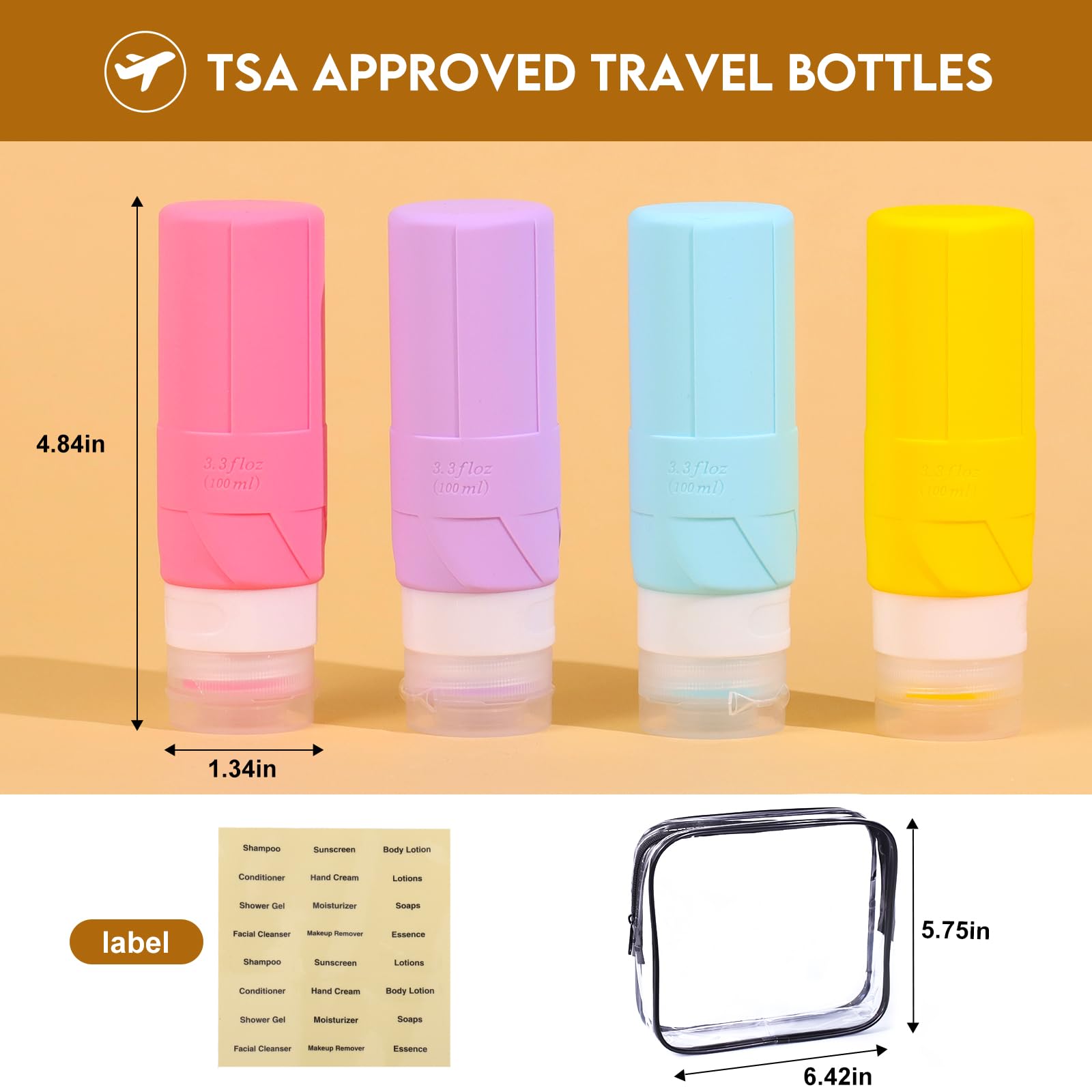 FADVAN Travel Bottles for Toiletries, 3.3oz Tsa Approved Travel Size Containers, BPA Free Leak Proof Toiletry Bottles, Refillable Easy to Squeeze and Clean (Macaron)