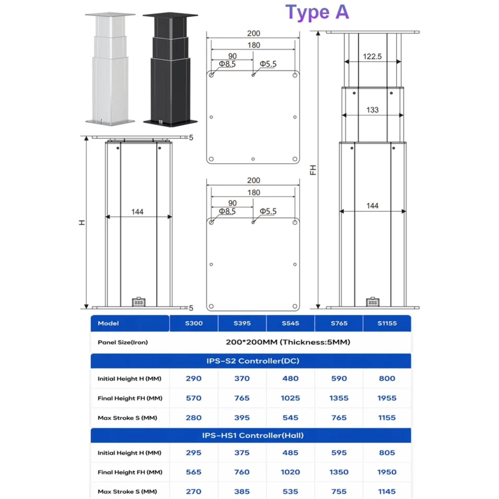 DC24V Hubsäule 3 Elektrisch verstellbare Plattform 280mm bis 1155mm Fahrt 80KG/200KG Last(S1155-A; DC24V 30MMS 800N; Black-No controller)