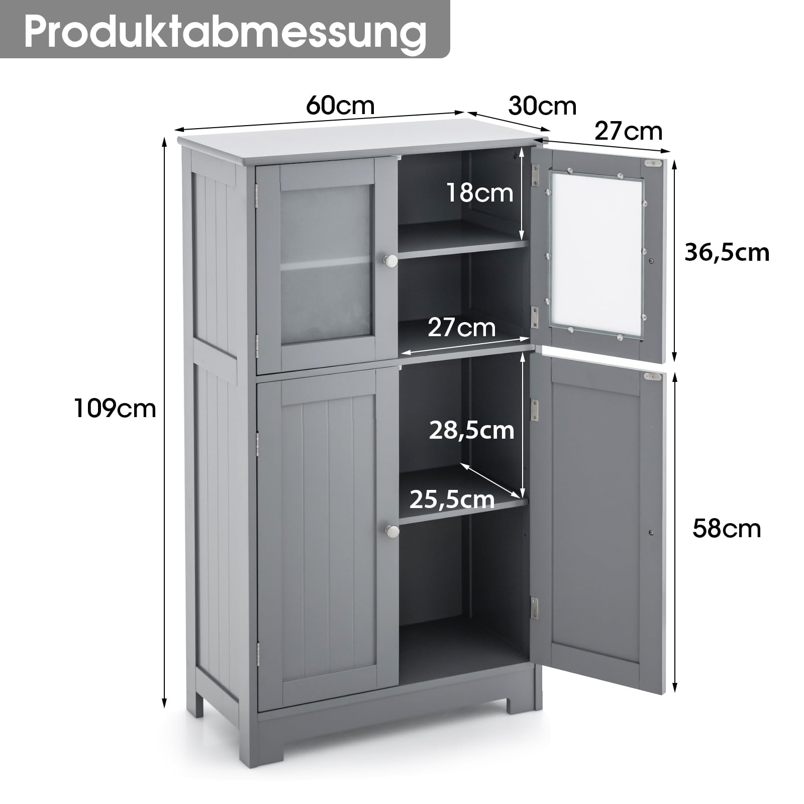 COSTWAY Badkamerkast met glazen deuren, 2 open vakken en verstelbare planken, hoge badkamerkast, opbergkast voor badkamer, keuken, woonkamer (zwart COSTWAY Badkamerkast met glazen deuren, 2 open vakken en verstelbare planken, hoge badkamerkast, opbergkast voor badkamer, keuken, woonkamer (zwart