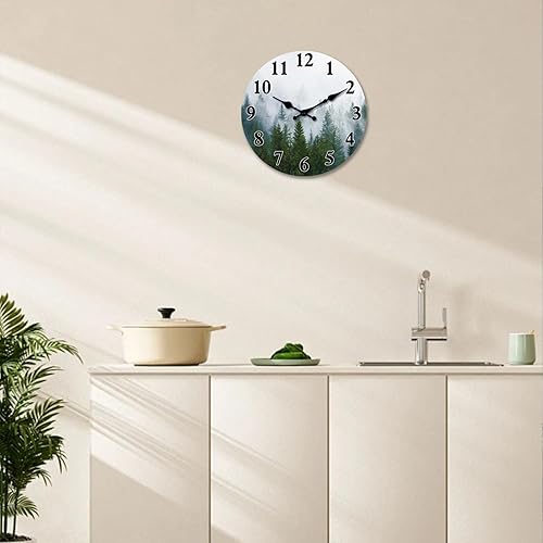 Miniatura 3 de XFM Reloj de pared pequeño de madera con árbol del bosque, funciona con pilas, reloj de pared MDF silencioso sin tictac de 10 pulgadas con bosque