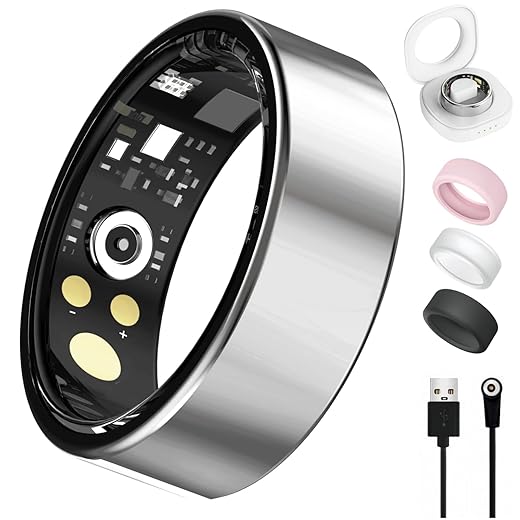 Smart Ring for Women Men, Health Tracker with Heart Rate/Blood Oxygen/Blood Pressure/Sleep Monitor/Step Counting, IP68 Waterproof Fitness Ring, No App Fees for iOS & Android (Silver, 10#)