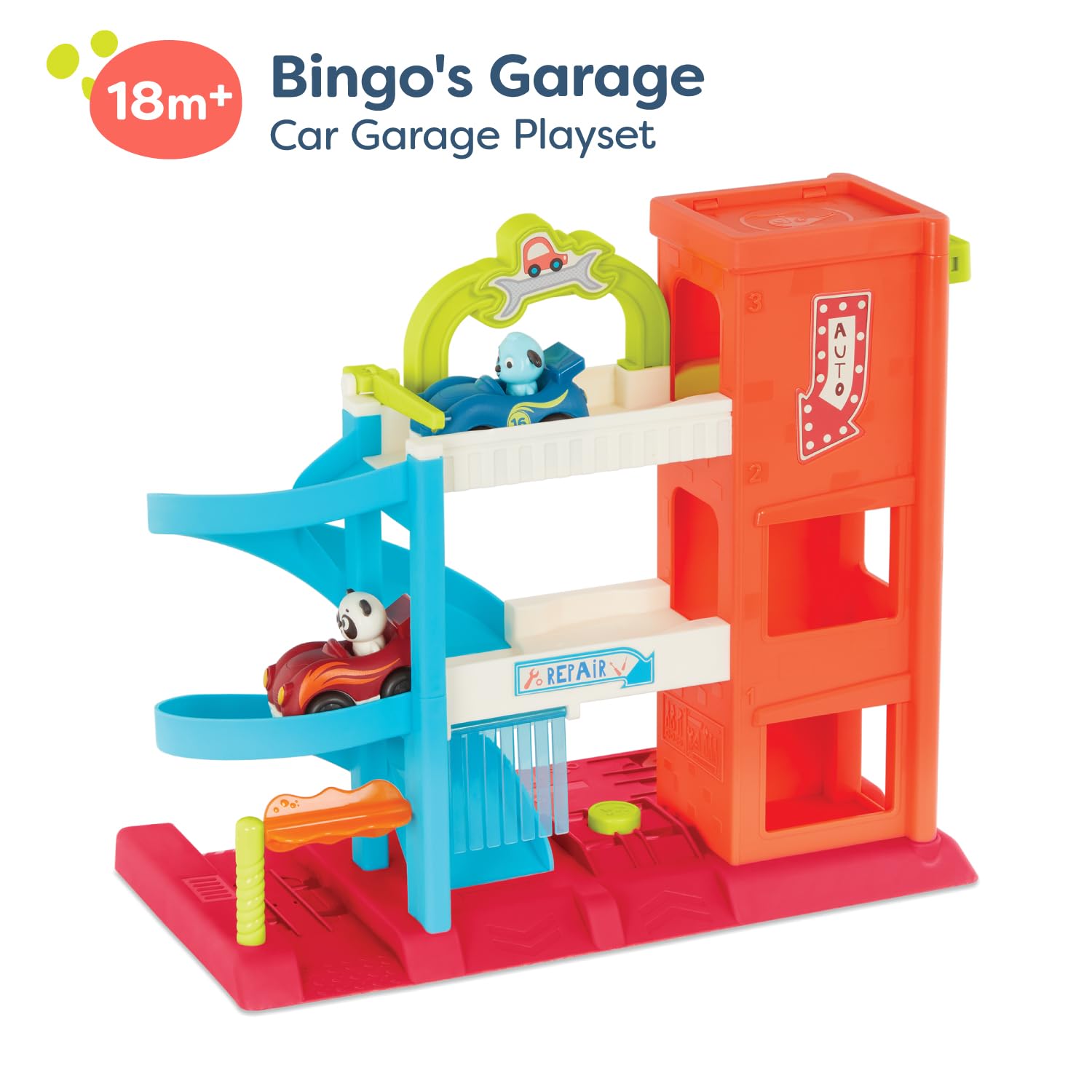B. toys – Bingo's Garage – Vehicle Playset Car Garage with Spiral Ramp – Working Elevator with 2 Toy Cars – 3 floor playset – 18+ Months B. toys – Bingo's Garage – Vehicle Playset Car Garage with Spiral Ramp – Working Elevator with 2 Toy Cars – 3 floor playset – 18+ Months