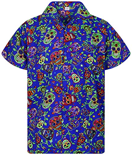 Original King Kameha | Funky camisa havaiana cavalheiros | XS-12XL | Manga curta bolso dianteiro | impressão do Havaii| arco-íris, azul e amarelo:, M