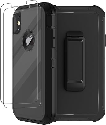 for iPhone X Case, iPhone Xs Case with Belt Clip Holster, 2X Screen Protector, Military Grade Shockproof Heavy Duty Full Body Drop-Proof Rugged Protective Cover for Apple iPhone X/Xs Black