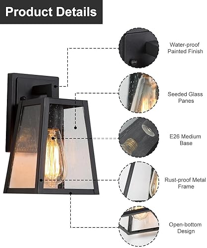 Miniatura 7 de Durent Lighting Luces de pared negras para exteriores, apliques de pared exterior de granja con vidrio semillado, faroles impermeables y