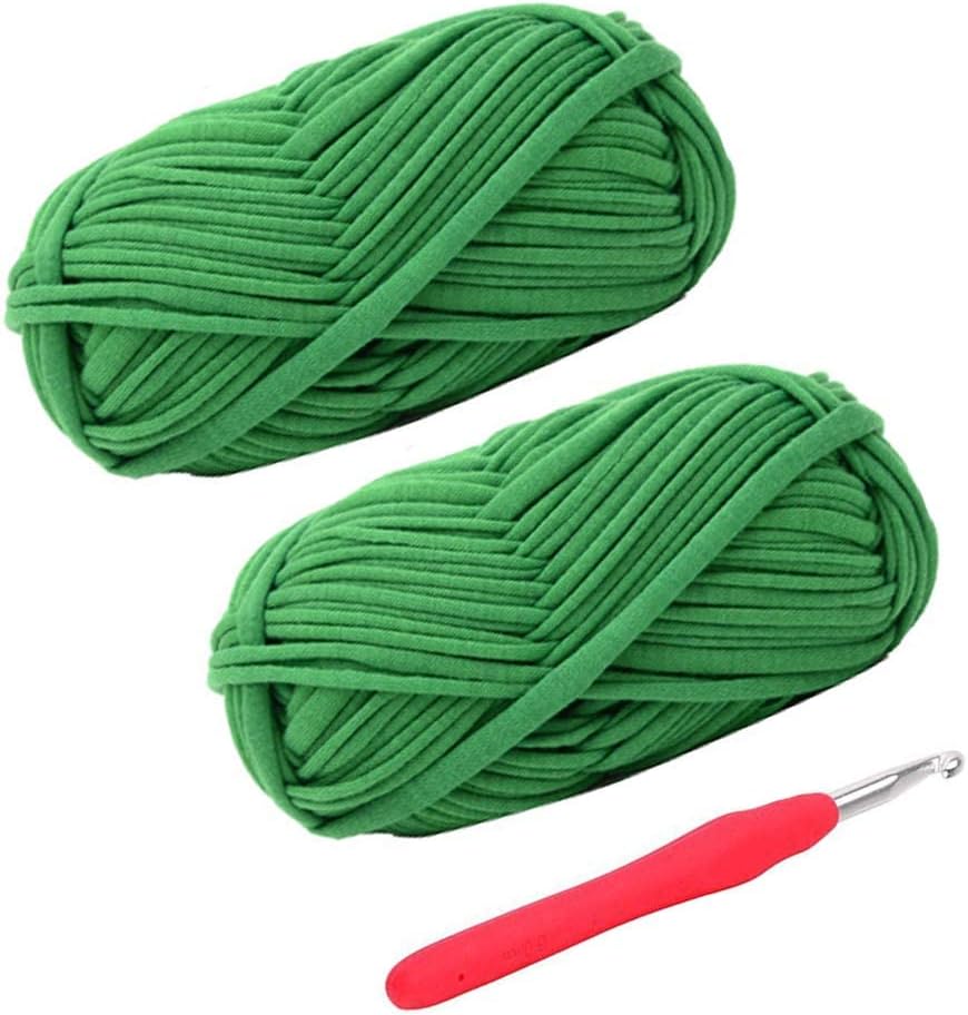 Knitting Yarn Fabric Cloth T-Shirt Yarn Carpet Yarn for Hand DIY Bag Blanket Cushion Crocheting Projects, Pack of 2 Skeins, 3.5 Ounce x 2, 35 Yard x 2, One Crochet Hook (Green)