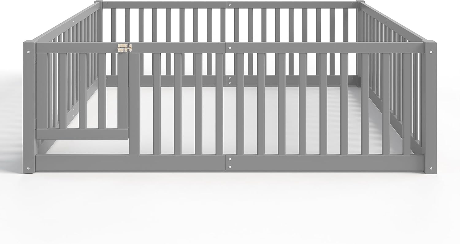 Bellemave Full Floor Bed with Door and High Guardrail, Full Size Montessori Floor Bed with Fence, Easy Assemble Montessori Beds for Girls, Boys, Gray