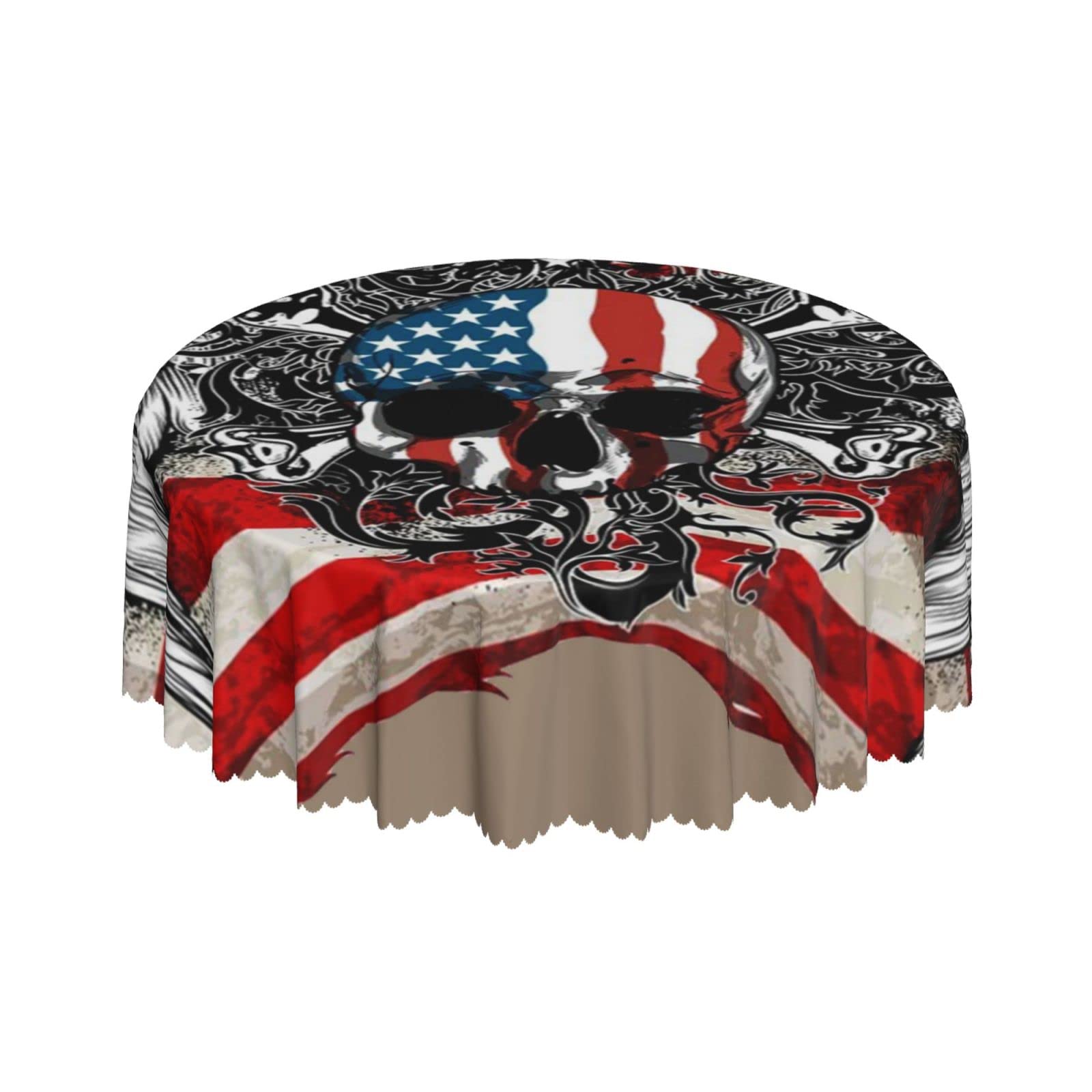Lsjuee America Skull Flag Patriotic Round Tablecloth 60 Inch Printed Washable Tablecloth for Dining Party Holiday Fall Home Decorative