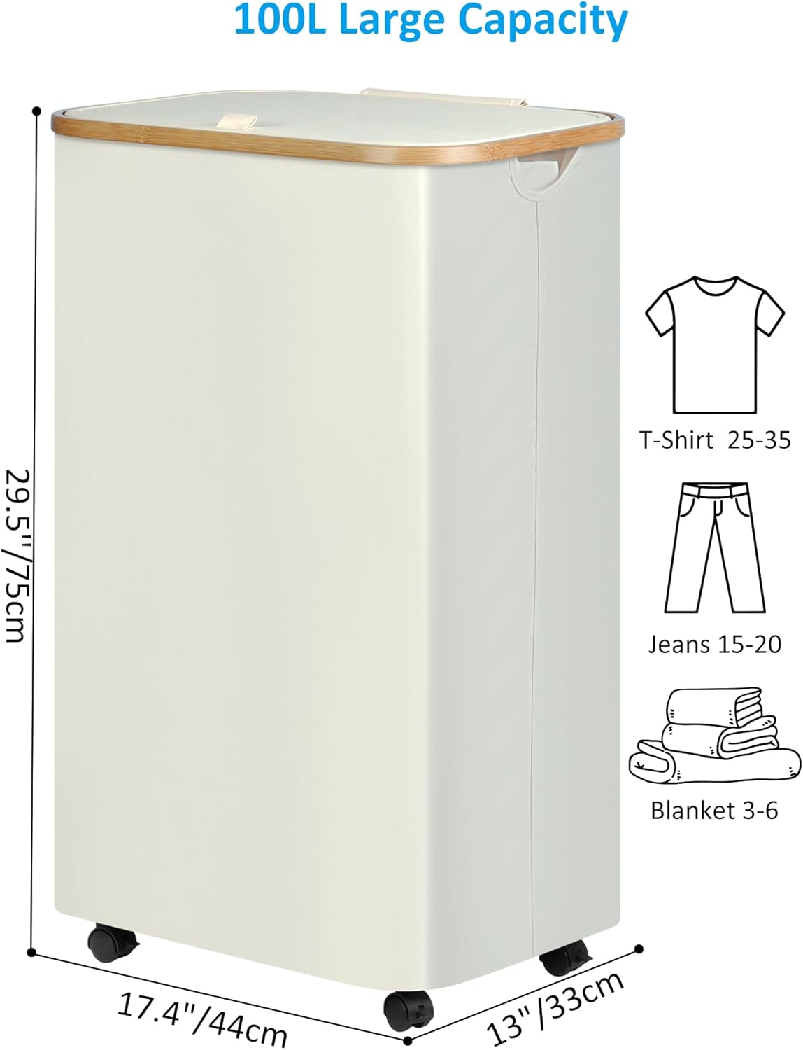 efluky Laundry Basket with Wheels, Tall Rolling Laundry Hamper with Lid and Removable Bag, Aesthetic Dirty Clothes Hamper on Wheels for Laundry Room, Bedroom, Dorm and Bathroom, 100L Black