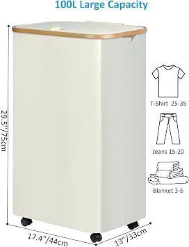 efluky Laundry Basket with Wheels, Tall Rolling Laundry Hamper with Lid and Removable Bag, Aesthetic Dirty Clothes Hamper on Wheels for Laundry Room, Bedroom, Dorm and Bathroom, 100L Black