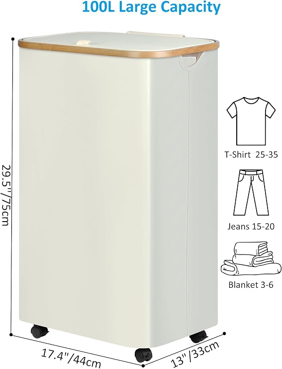 efluky Laundry Basket with Wheels, Tall Rolling Laundry Hamper with Lid and Removable Bag, Aesthetic Dirty Clothes Hamper on Wheels for Laundry Room, Bedroom, Dorm and Bathroom, 100L Black