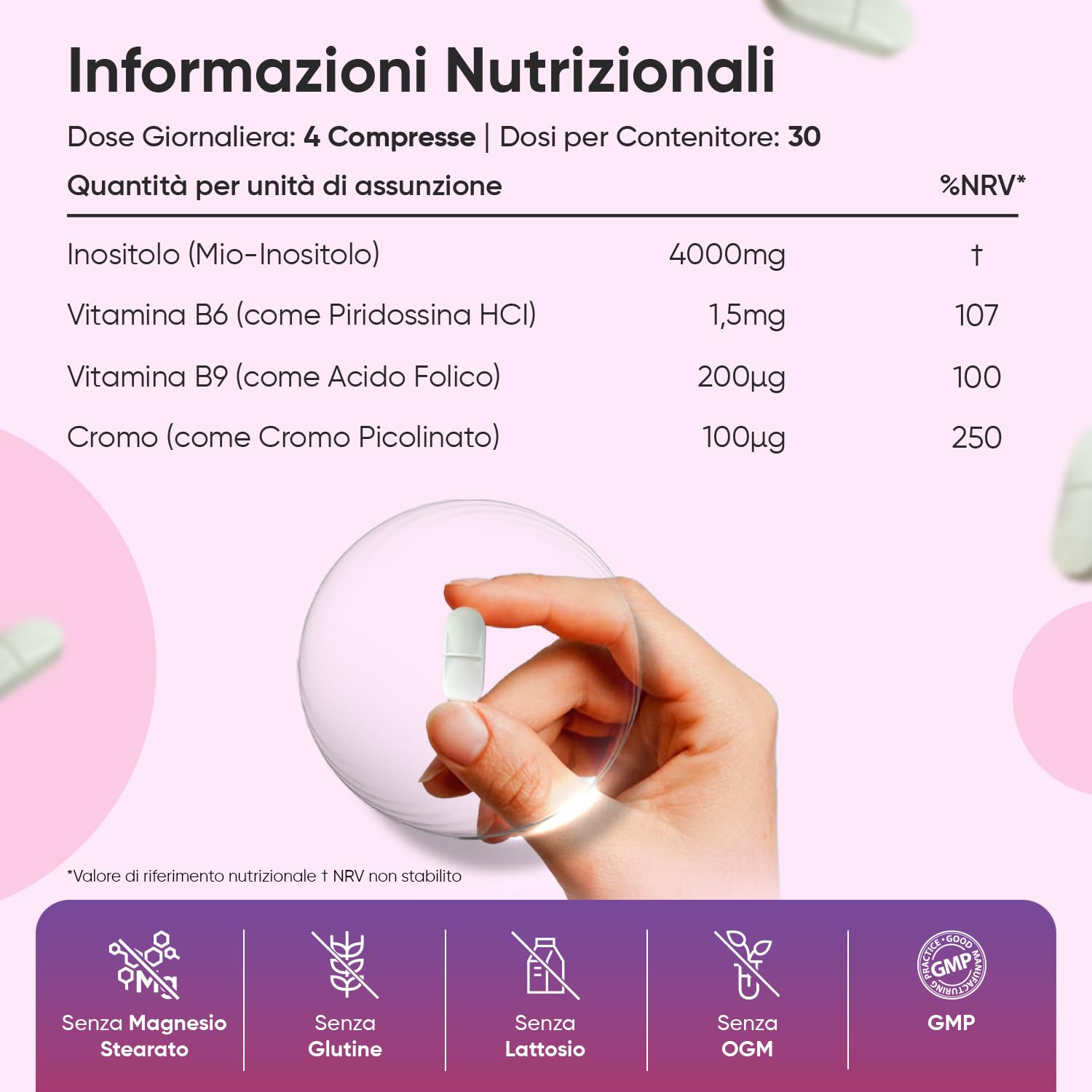 Myo Inositolo Vegano 4000mg, Inositolo Integratore con Acido Folico, Vitamina B6, Cromo Picolinato, la Vitamina B6 Contribuisce alla Regolazione dell'Attività Ormonale (EFSA), Senza Magnesio Stearato
