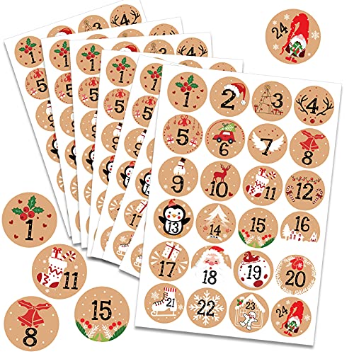 HOWAF Adventskalender Aufkleber (Zahlen 1-24) 192 Stück Kraft Zahlen Sticker für Weihnachten Kalender zum selber basteln selbstklebend Adventskalenderzahlen Etiketten Nummern für Papiertüten