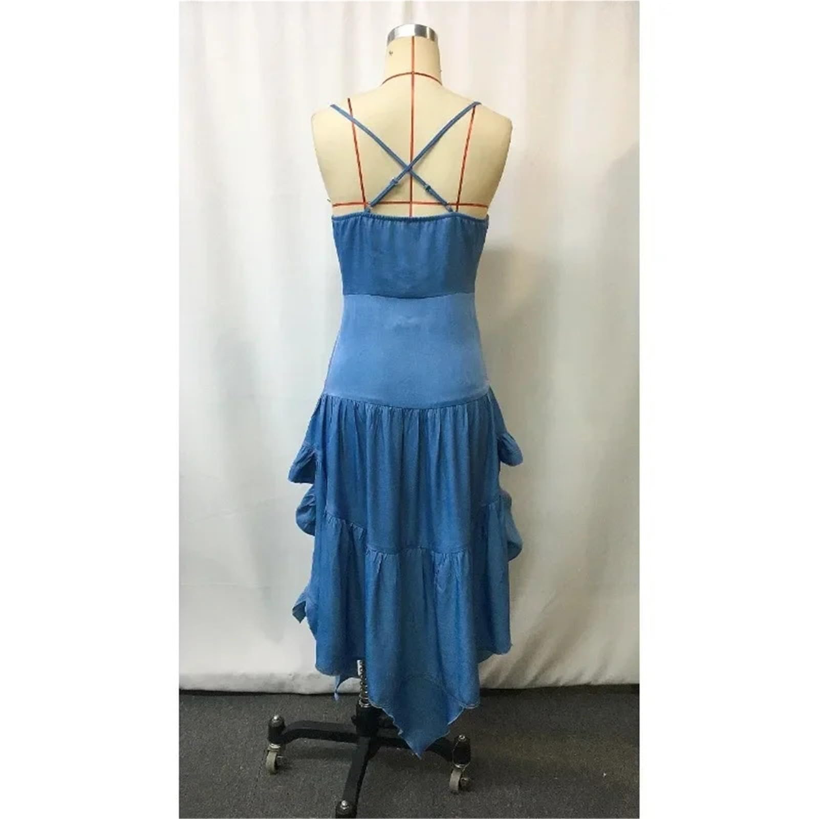Abito Alto e Basso con Corsetto in Denim da Donna Gonna arricciata, Cinturino for Spaghetti, Festa in Stile Occidentale for Eventi all'aperto per Donna