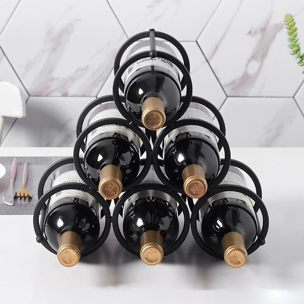 Estante de vino pequeño de mesa para 6 botellas, triangular, soporte independiente para botellas de vino, gabinete de despensa, soporte de almacenamiento de vino, organizador de botellas para 6