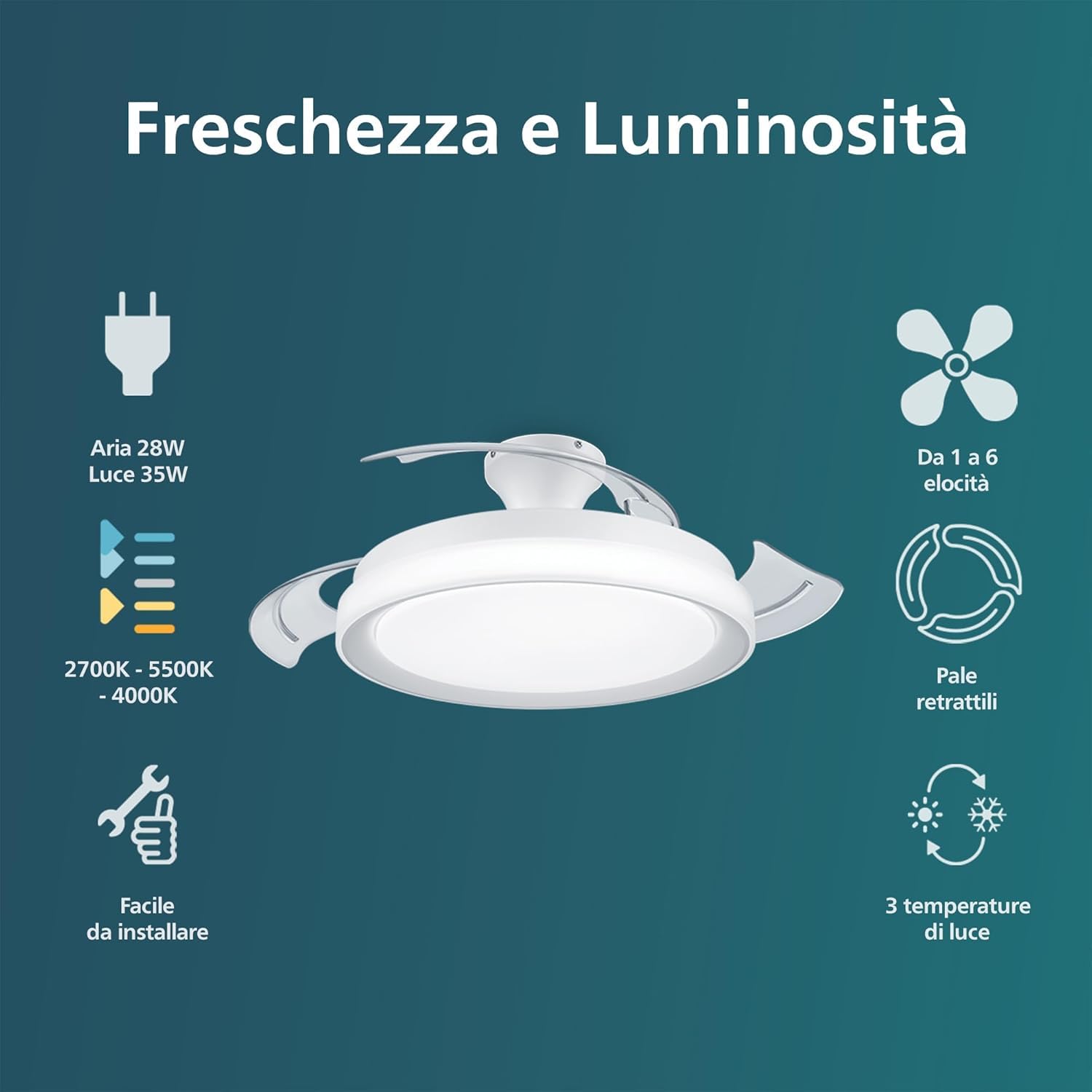 Philips PLAFONIERA LED CON VENTILATORE BLISS DC BIANCO 2835W 2700/5500/4000K 27908700