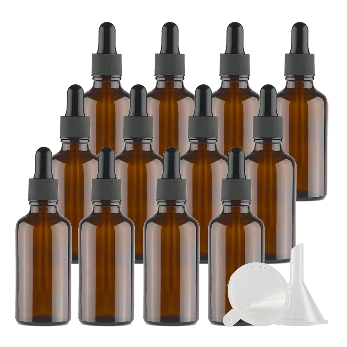 12 Stück 50ml Braune Pipettenflasche,Glasflasche Tropfpipetten für Ätherisches Öl,Aromatherapie, Massage, Duftöl Probe,Make-up,chemische Flüssigkeit + 2x Trichter