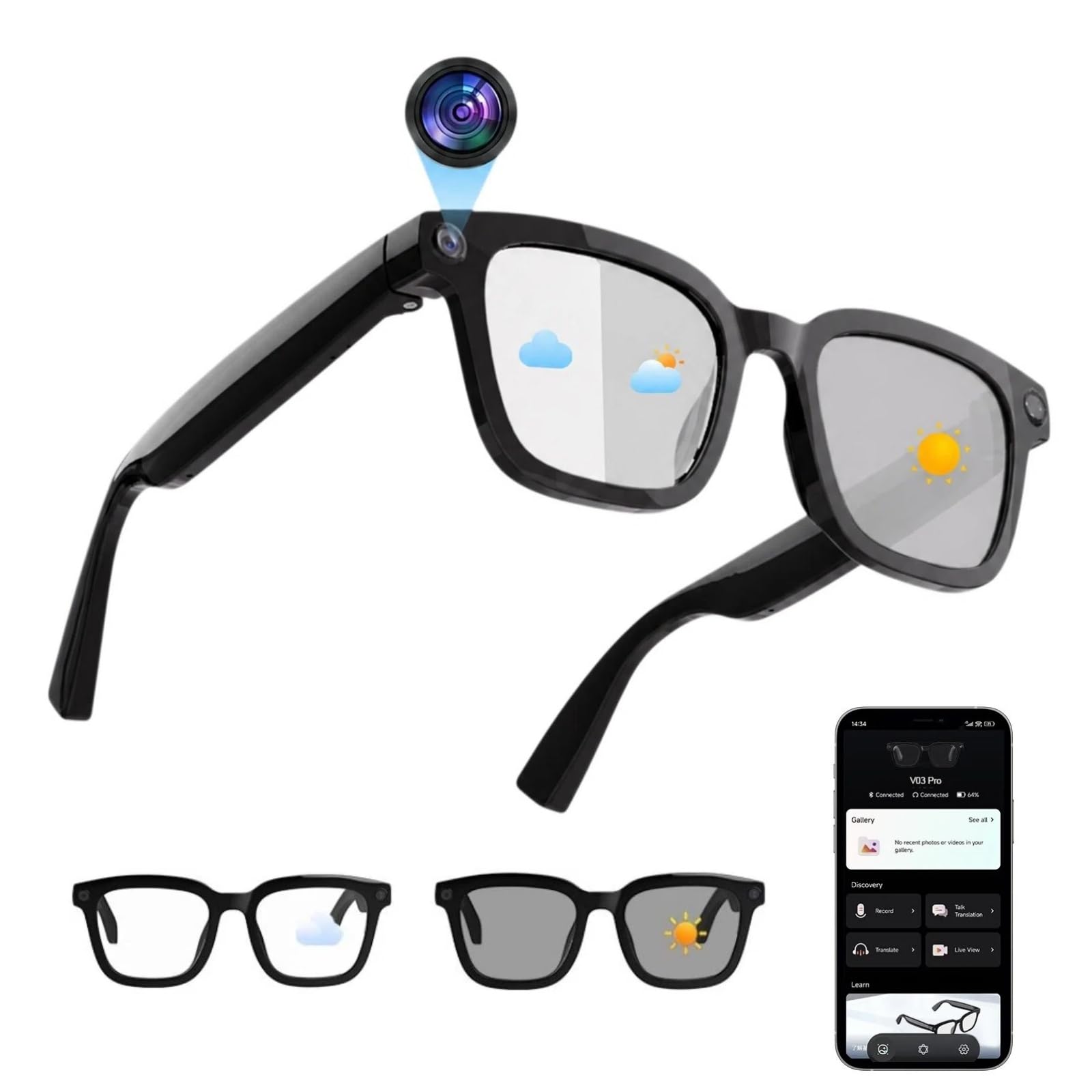 GenXenon Gafas con Cámara, Cámara 8 MP 1200P, Gafas IA con Puerto de Carga USB-C, Doble Micrófono Abierto, Admite Foto, Video y Audio, Reconocimiento de Objetos por IA, Lentes Fotocromáticas