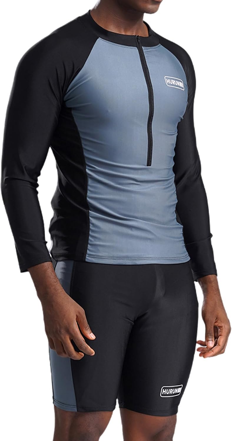 Man 2 Pcs Athletic Swimsuits UPF 50+ Zip Neck Swim Shirts with Shorts Sporty Rash Guards