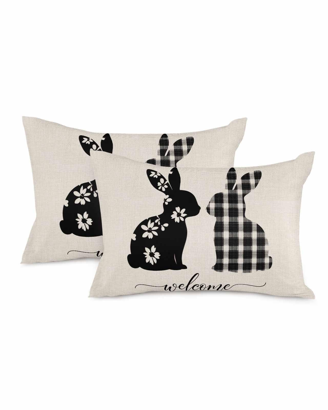 ALAGEO Easter Pillow Covers 12x20 inch Set of 2 Black Bunny Decorative Throw Cushion Case Set Buffalo Plaid Rabbit Beige Farmhouse Spring Pillow Case