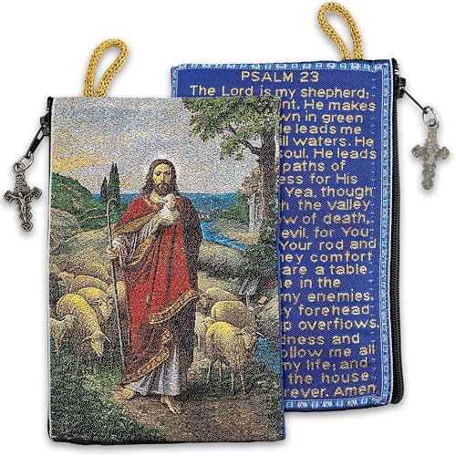 Image of TREE OF LIFE REV. 22:14 Catholic Rosary Pouch, 4 inch x 6 inch Jewelry & Coin Purse with Cross, Small Woven Tapestry Icon Bag, Bolsa de Rosario Catolico para Joyeria, Jesus the Good Shepherd & Psalm 23,