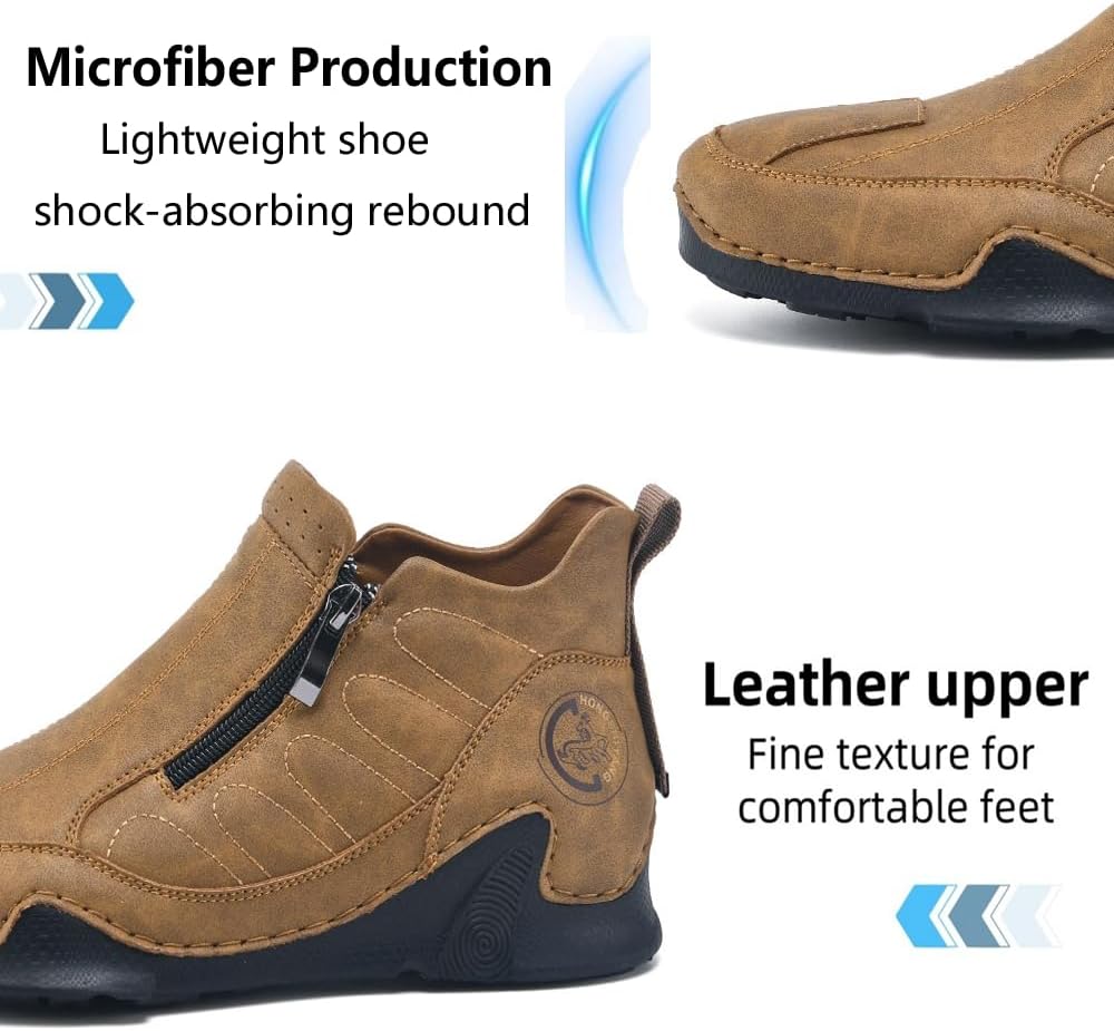 Men's Leather Boots Outdoor Zipper Slip on Chukka High Outdoor Lightweight Classic Casual Comfortable Fashion Loafers for Walking