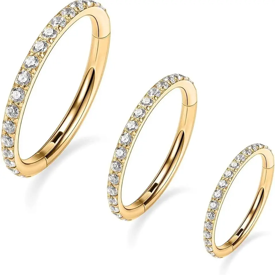 Piercing de Titânio Argola Click Cravejada 6mm, 8mm e 10mm - Prateado, Dourado e Rose Gold