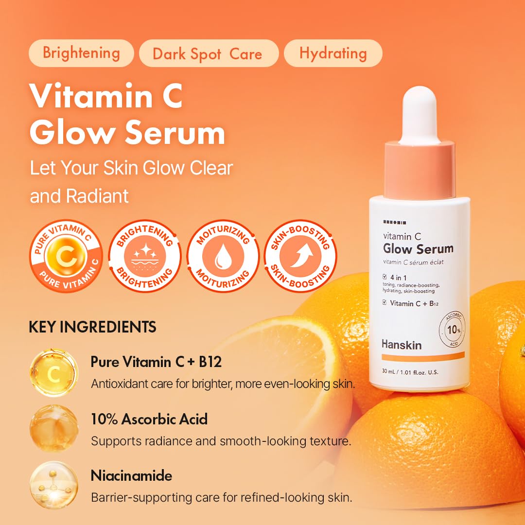 Hanskin Vitamin C Glow Serum – Korean Brightening Facial Serum for Glowing, Radiant, Even-Toned Skin | 10% Ascorbic Acid & Vitamin C + B12 | Lightweight, Skin-Boosting Daily Serum | 1.01 fl oz - Image 2