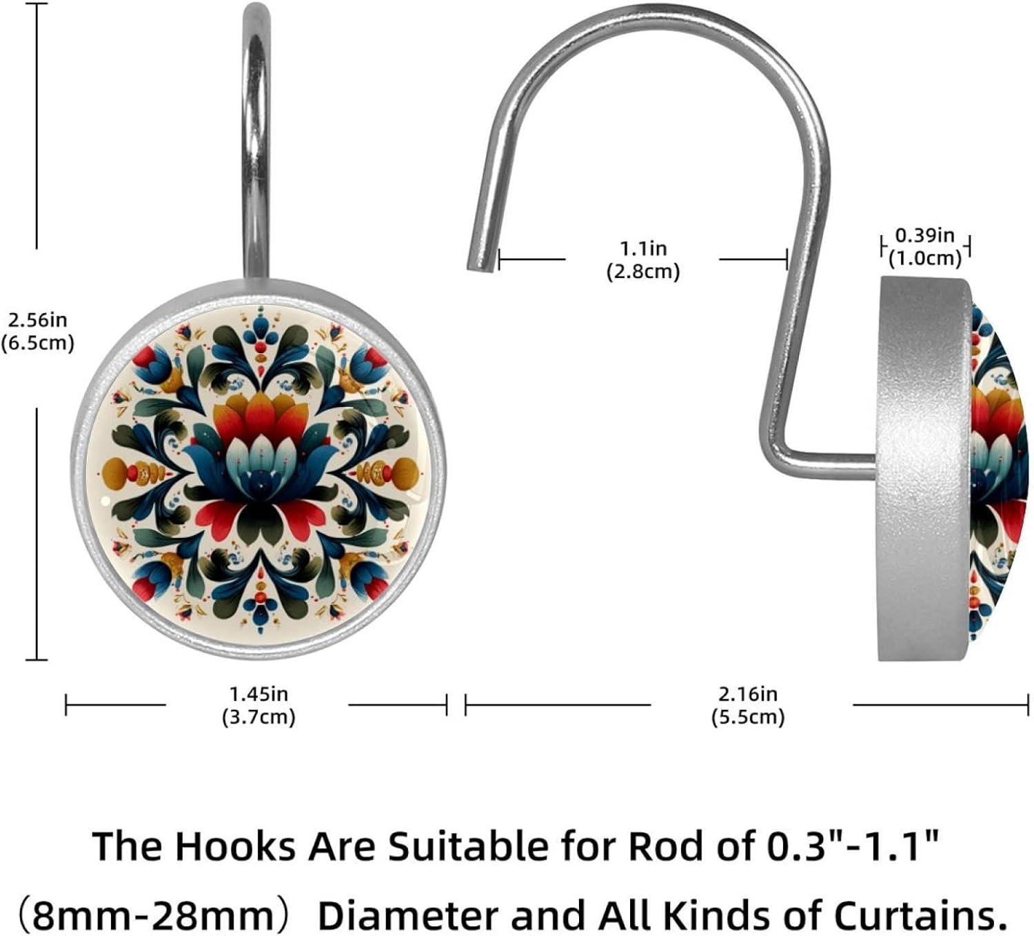 Shower Curtain Hooks Set of 12, Norwegian Rosemaling Folk Style Flower (15) Shower Curtain Rings for Bathroom, Rust Resistant Shower Curtain Hangers Bathroom Decor Accessories