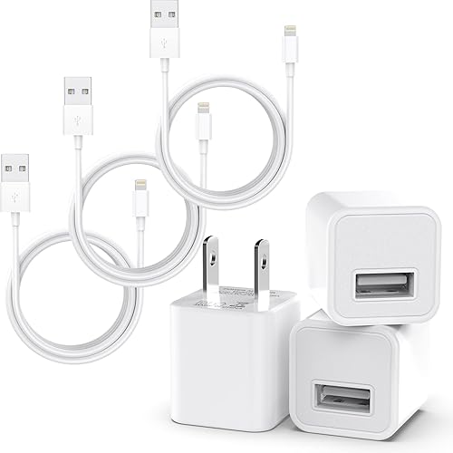 Cable de carga para iPhone, paquete de 3 cables de carga de sincronización de datos con 3 cargadores de pared USB adaptador de enchufe de viaje