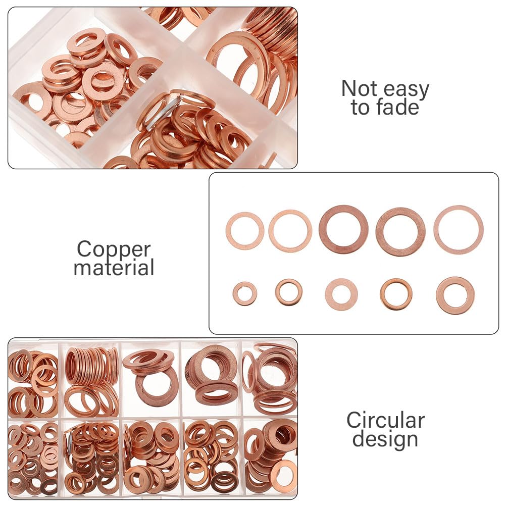 400 Pcs M5-M14 Copper Sealing Washers, 9 Sizes Flat Ring Sump Plug Oil Seal Gasket, Crush Flat Washer Copper Sealing Fastener Ring, Assorted Plumbing Washers for Engine Tap