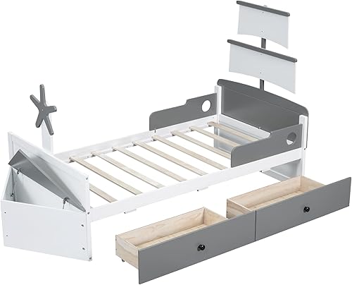 Miniatura 4 de Merax Marco de cama de plataforma en forma de barco con cajones, sofá cama bajo de madera con otomana para niños y niñas, no necesita somier
