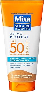 Mixa Solaire Peau Sensible - Lait Soin Solaire Très Haute Protection SPF 50+ UVA, UVA longs, UVB - Anti-Sel, Sable et Chlore - Hydratation 24H - Résistant à l'Eau - Hypoallergénique - 175ml