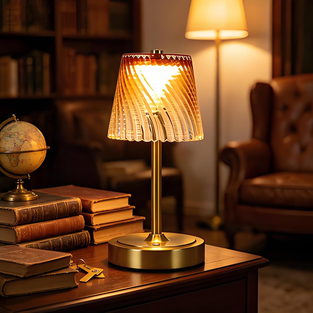 AoLa LED Vintage Tischlampe Kabellos Dimmbar mit Touch Control Akku Tischleuchte Gold USB Aufladbar Nachttischlampe Ohne Kabel Batterie Lampe mit Glas Lampenschirm Deko Lampe für Esszimmer Bartheke,G