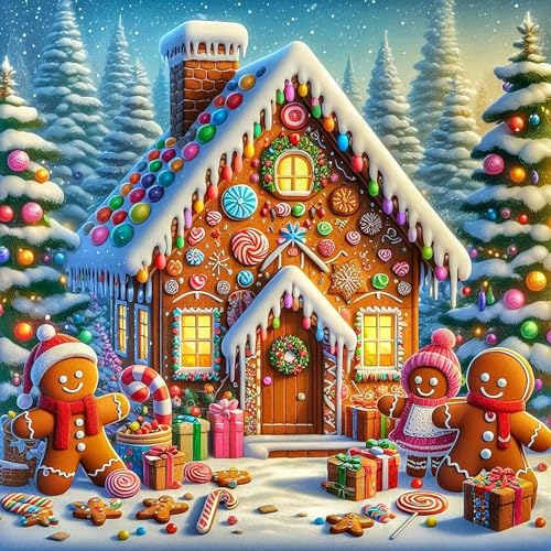 KINPLUB Christmas Diamond Art Kits for Adults Beginners, Candy House Diamond Painting Kits for Adults, DIY Full Drill Round Gem Art Dots for Winter Home Wall Decor 12x12 Inch