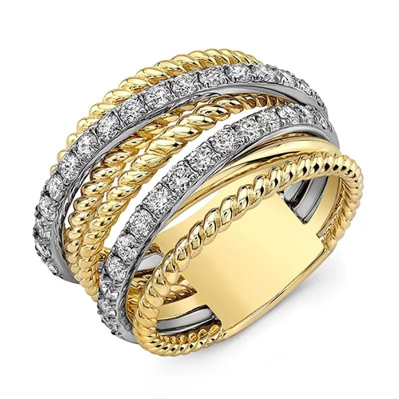 ENDLESSNESS & ETERNITY 2 Tone Intertwined Criss-Cross CZ Cubic Zirconia Wedding Band Ring Chunky Statment Band Ring 14K Gold Plated2