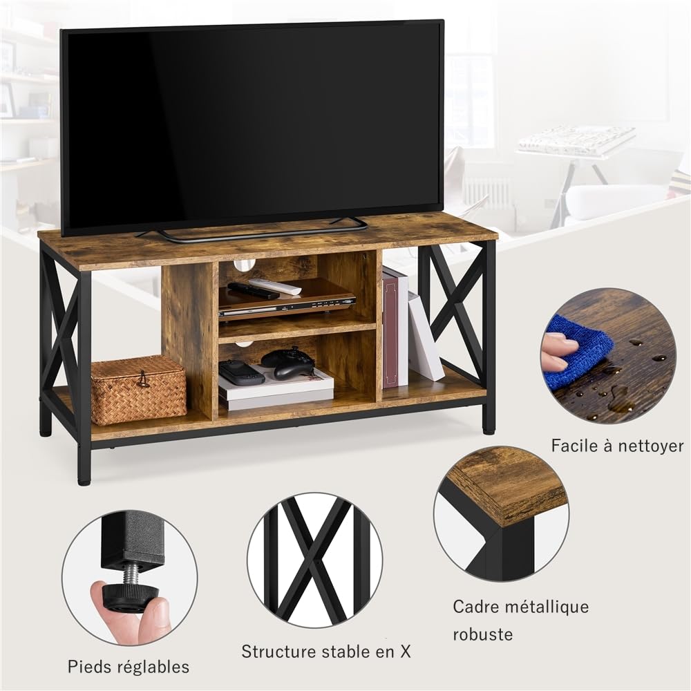 Yaheetech Meuble TV pour Téléviseur Jusqu’à 45 Pouces Support TV en Bois et Métal avec Gestion des câbles, Compartiments Ouverts,Table de Salon Industriel 106 cm L × 40 cm l × 50,5 cm H