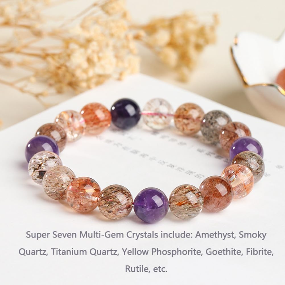 Pulsera De Cristal Súper Siete Natural Cuentas De Piedra De Cristal Hechas A Mano Pulsera Elástica Artesanal Cumpleaños San Valentín Joyería De Navidad Regalos 8-12 Mm,10mm