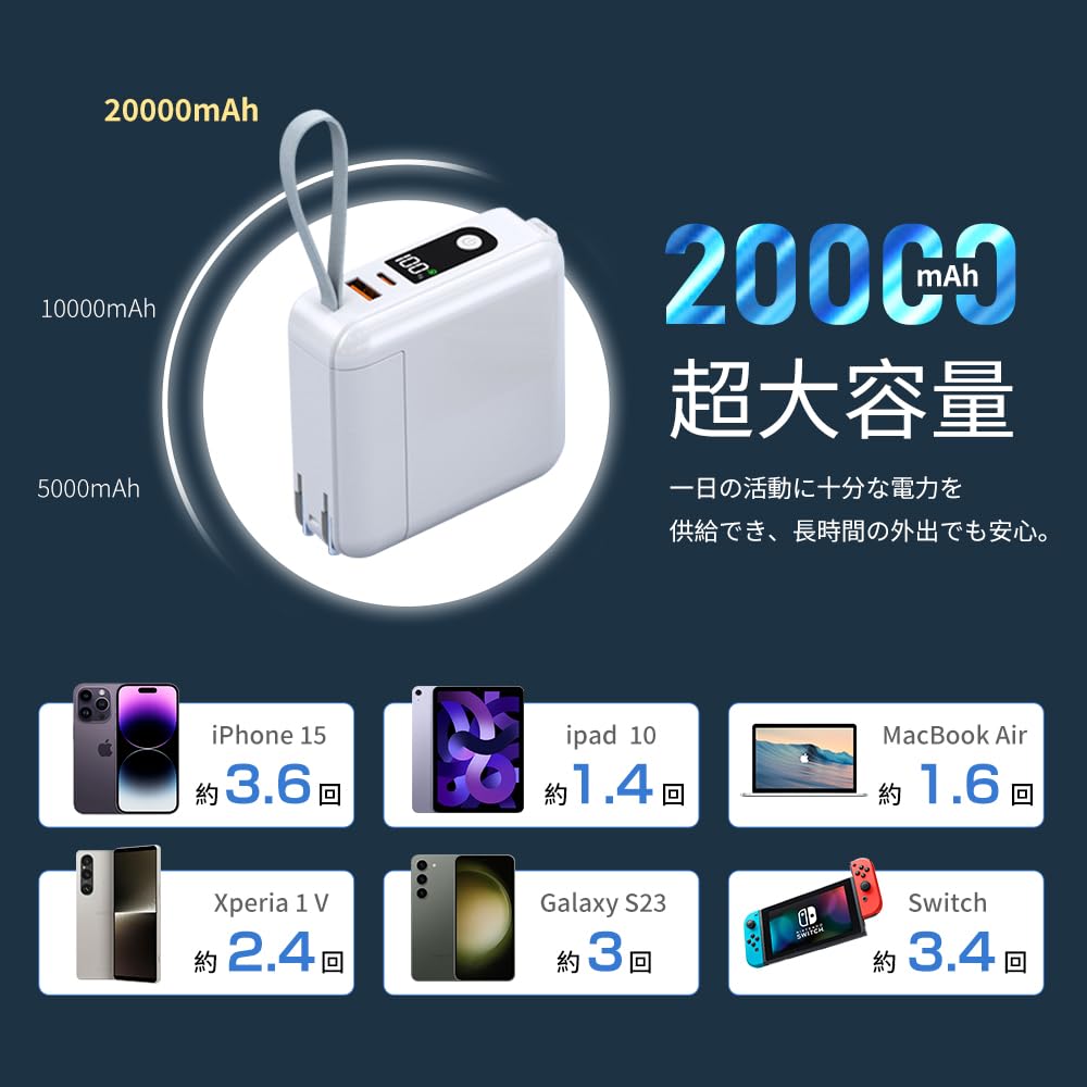 Amazon | 【2024新登場 取り外し可能】モバイルバッテリー 20000mAh 大