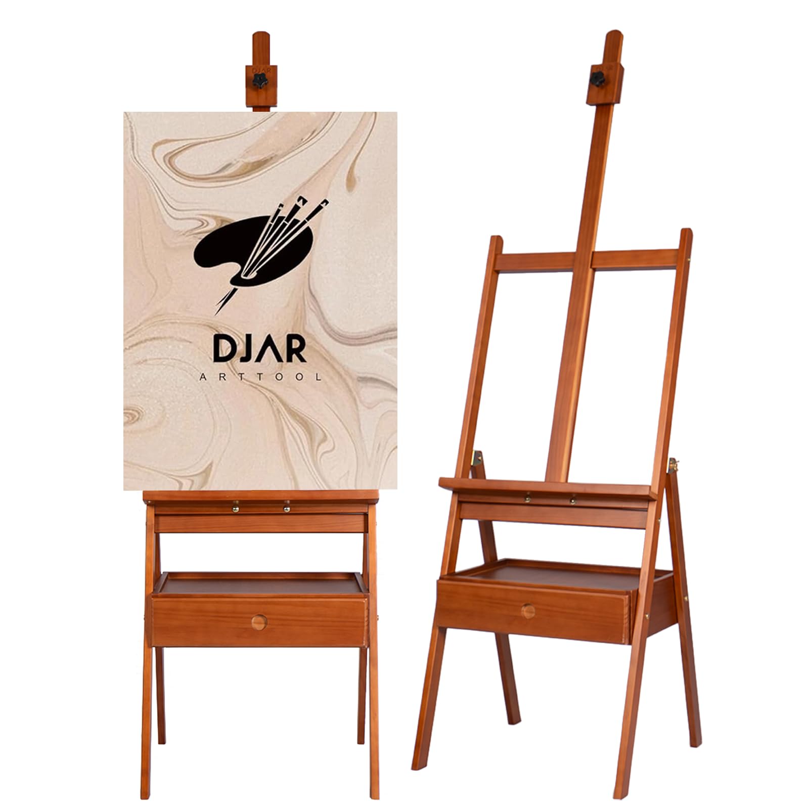 DJAR Caballete de Pintura en H Grande con Cajón y Estante, Caballete de Madera Premium para Artistas y Estudiantes, Soporta Lienzos hasta 88 cm, Nogal