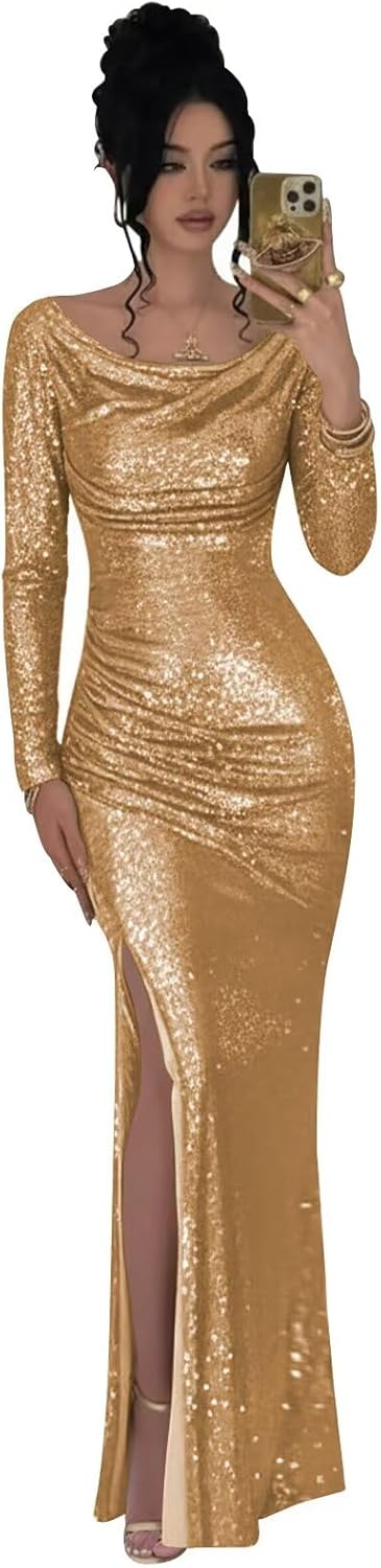 Mermaid Sequin Prom Dresses for Women 2026 Long Sleeve Sparkly Formal Evening Dress with Slit