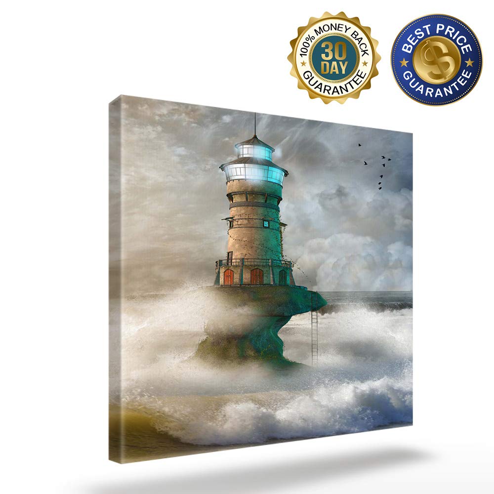 EZON-CH Square Wall Art Canvas Oil Painting, Lighthouse in Roaring Ocean Wave Office Artworks for Bedroom Living Room Bathroom Home Decor, Stretched and Wooden Framed Ready to Hang, 16x16 Inch