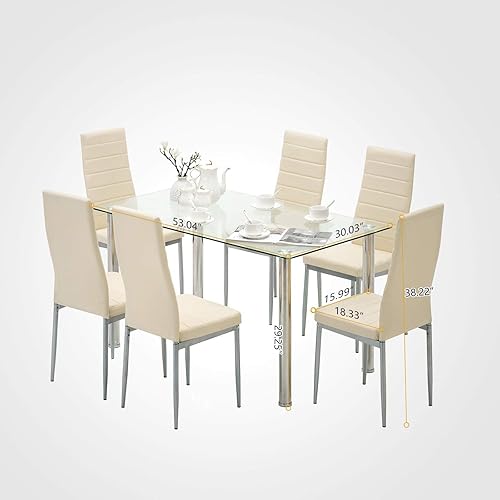 Miniatura 7 de Mecor Mesa de comedor de vidrio de 53 pulgadas con parte superior de cristal mesa de cocina moderna de ocio patas de metal de 53 pulgadas para 68
