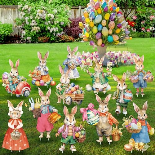Osterhasen Gartenstecker 12er Set – 2D Osterdeko Outdoor wetterfest, mit Stäben, Gartendeko für Rasen Beet Weg Eingang, Frühlingsdeko für Garten Terrasse Balkon Hof, Ostereiersuche